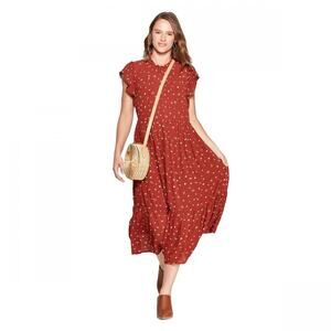 Universal Thread Tiered Floral High Neck Midi Dress Rust Brown Short Sleeve Sz M
